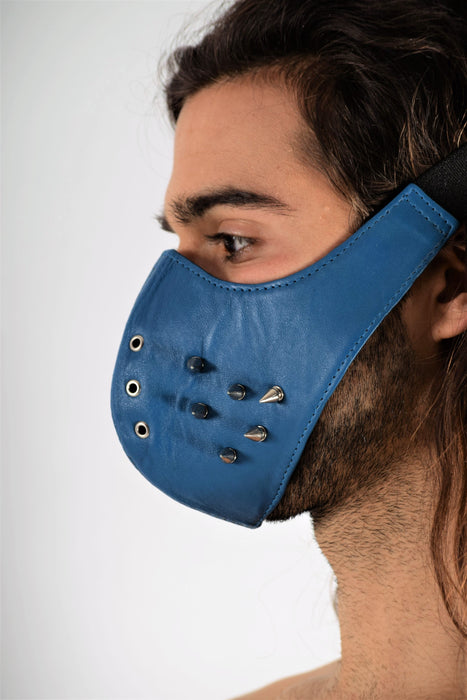 SMU Unisex Canadian Leather Studded Punk Mask  Blue 1051 Lea3