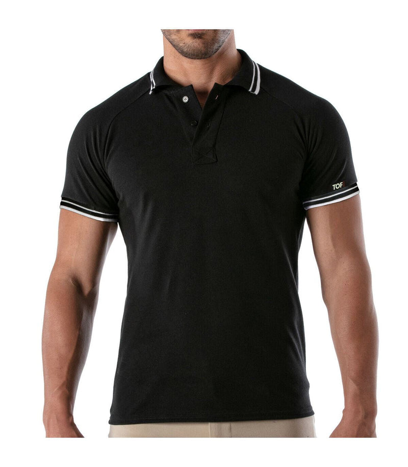 TOF-PARIS Cotton Polo Shirt Patriot Reglan Ribbed Sleeve Slim Fit Black 97
