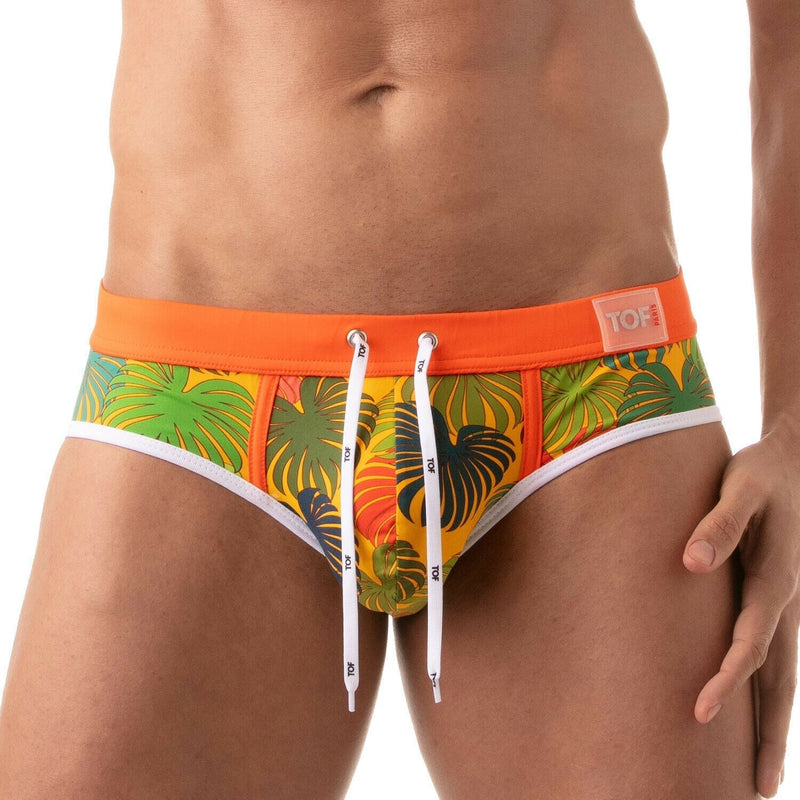 TOF PARIS Drawstring Swim-Brief Floral Pocket Lined Pouch Swimwear Yellow