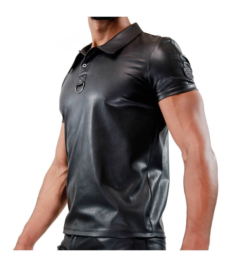 TOF PARIS Fetish Polo Shirt Leather-Look Slightly Adjusted Cut Black