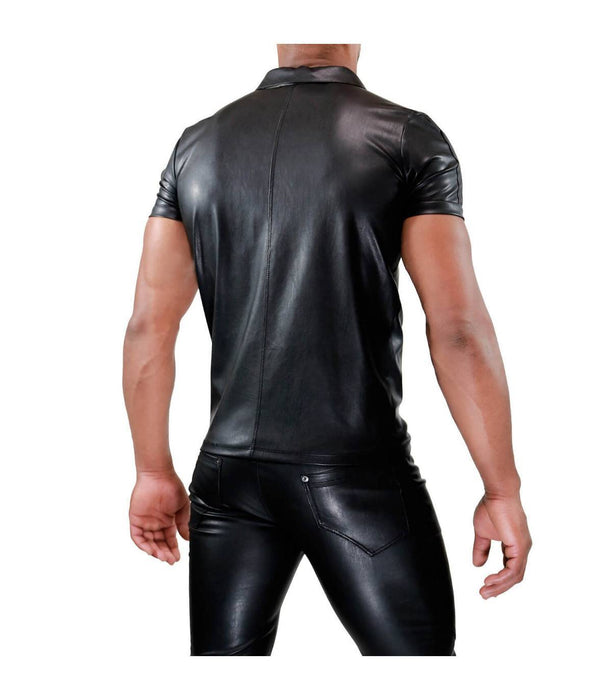 TOF PARIS Fetish Polo Shirt Leather-Look Slightly Adjusted Cut Black