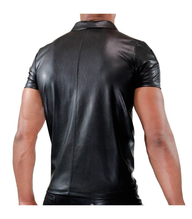 TOF PARIS Fetish Polo Shirt Leather-Look Slightly Adjusted Cut Black