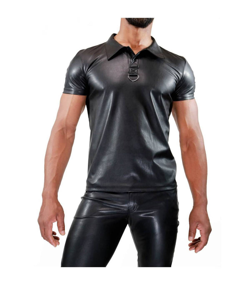 TOF PARIS Fetish Polo Shirt Leather-Look Slightly Adjusted Cut Black