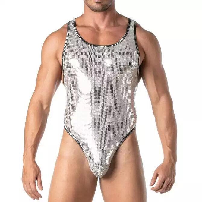 TOF PARIS Glitter Thong Bodysuit With Lurex Edges Singlet Shiny Silver 202