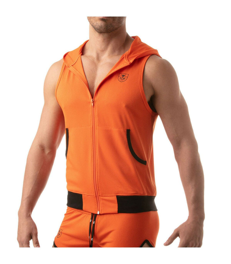 TOF PARIS Mesh Sleeveless Hoodie Jacket Light Tank 2-Deep Pockets Orange 6