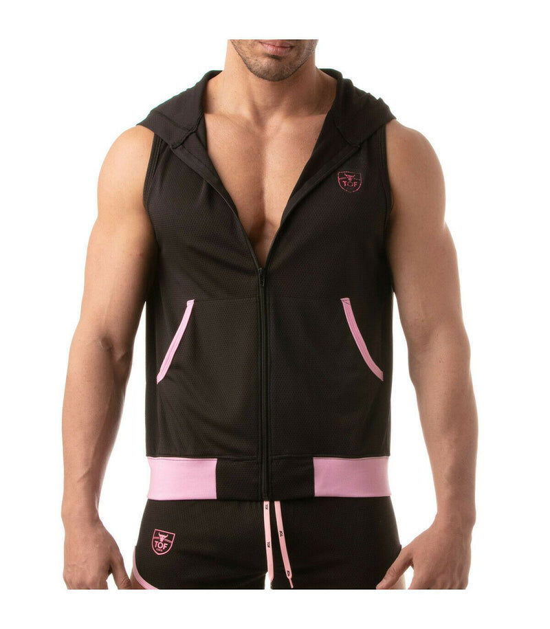 TOF PARIS Mesh Sleeveless Hoodie Light Vest Jacket Tank 2Deep Pockets Black 6