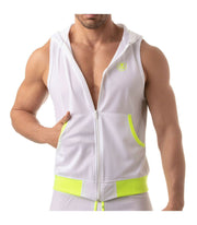 TOF PARIS Mesh Sleeveless Hoodie Light Vest Jacket Tank 2Deep Pockets White 6