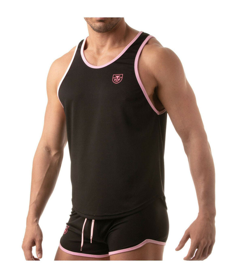 TOF PARIS Mesh Tank Top Lightweight Flared-Cut Contrasting Black & Pink 5