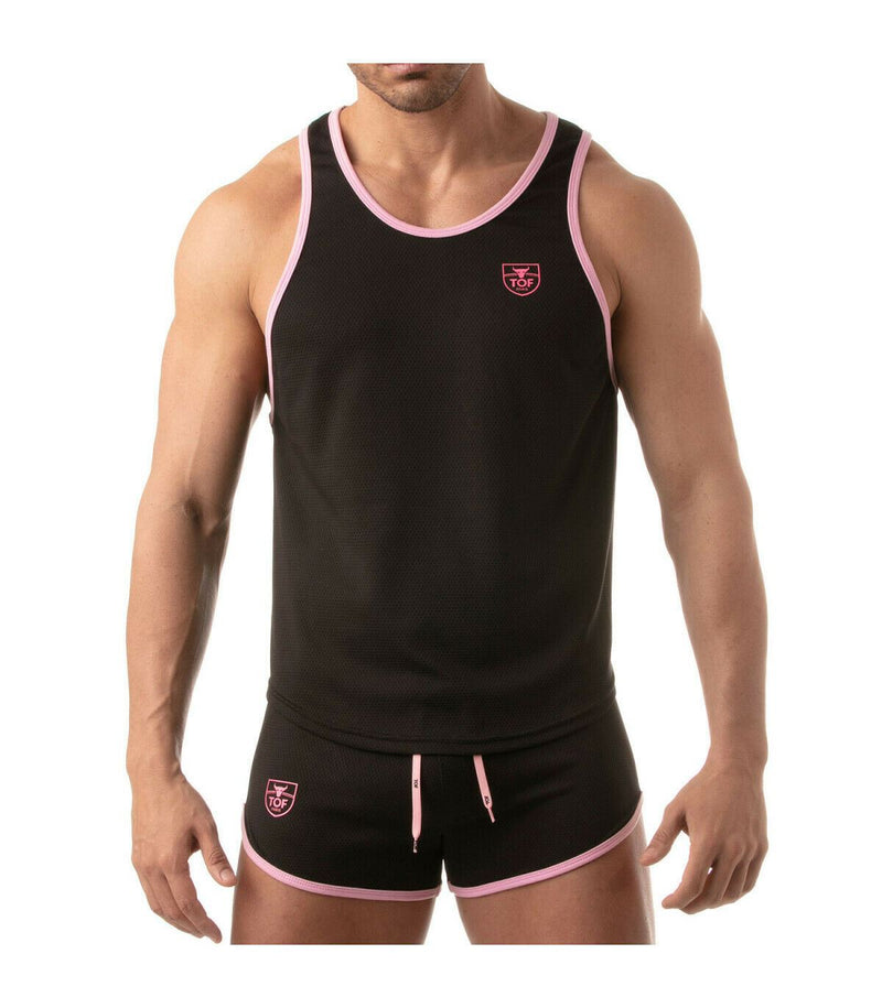 TOF PARIS Mesh Tank Top Lightweight Flared-Cut Contrasting Black & Pink 5