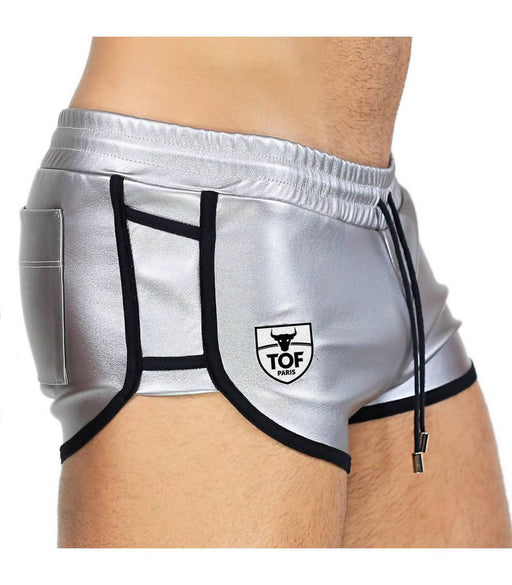 TOF PARIS Slim Fit Short Shiny Silver Leather-Fabric 58
