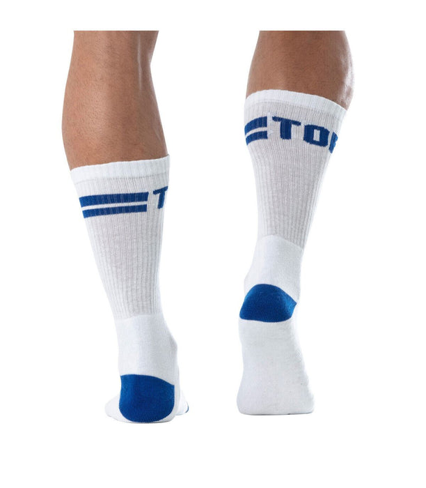 TOF PARIS Sport Cotton Sock Cushioned Sole Mid-Calf Sock White & Royal Blue 91a
