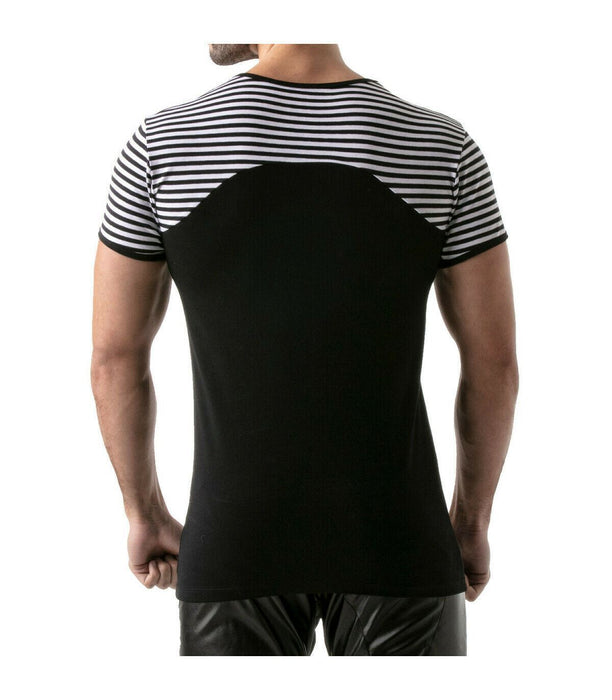 ''TOF PARIS'' T-Shirt Half-Striped Cotton Jersay Casual Modern Style Black 22 - SexyMenUnderwear.com