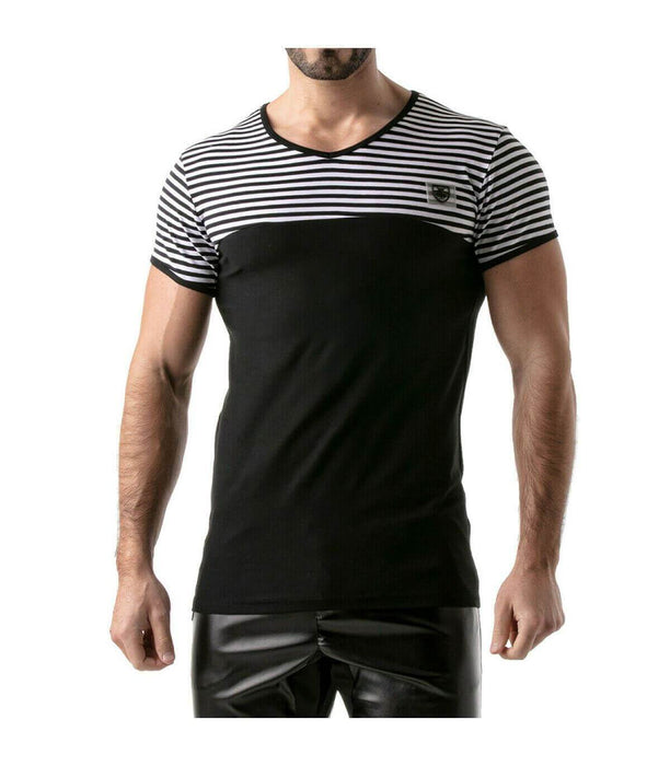 ''TOF PARIS'' T-Shirt Half-Striped Cotton Jersay Casual Modern Style Black 22 - SexyMenUnderwear.com