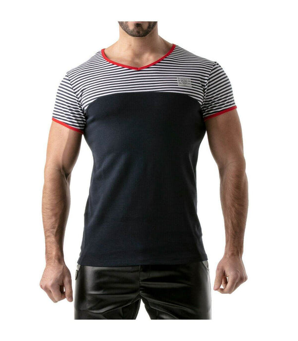''TOF PARIS'' T-Shirt Half-Striped Cotton Jersay Casual Modern Style Red 22 - SexyMenUnderwear.com
