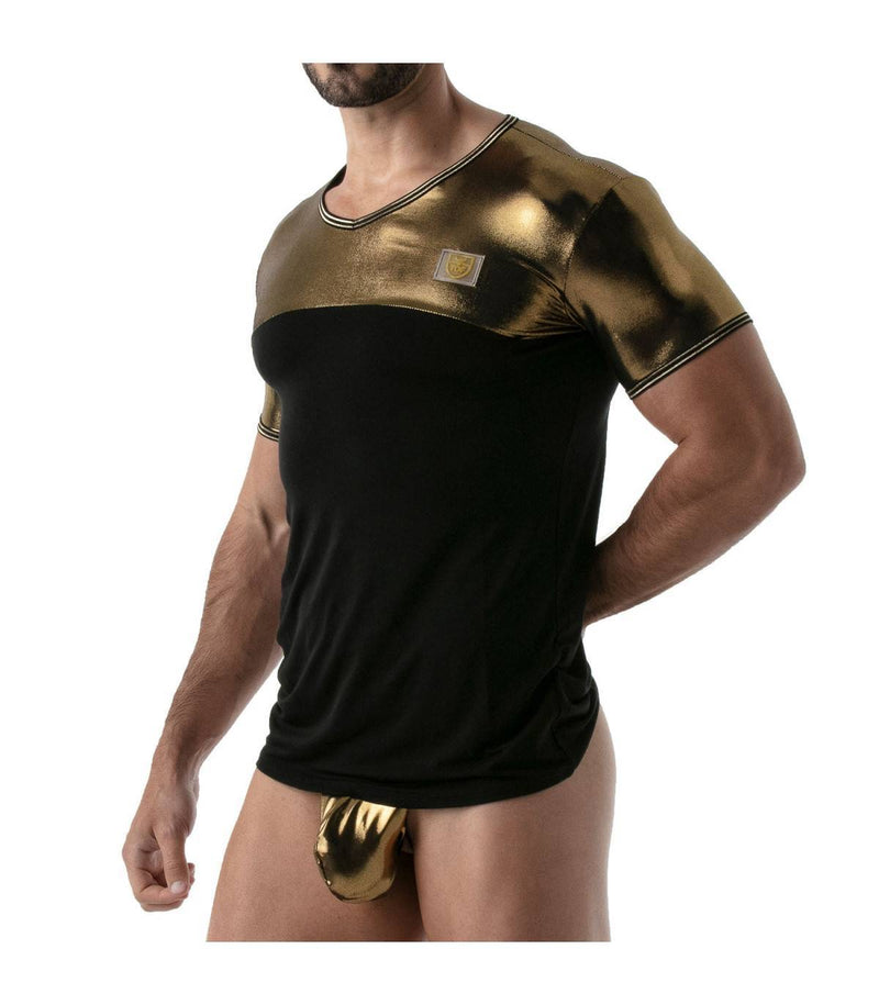 TOF PARIS T-Shirt Metal Lurex Edging Half-Cotton Half-Metallic Gold Shirt