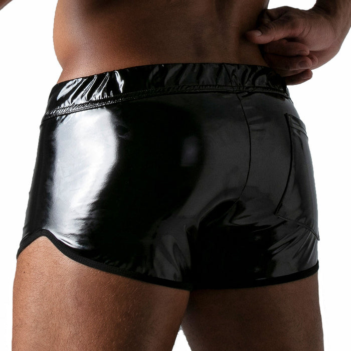 TOF PARIS Vinyl Short Tight-Fit Waxed Leather-Look Boxer Mini Short Shiny Black