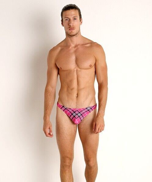 XL -LASC Brazilian Swim-Thong Unlined Plaid Hot Pink Swimwear MX1