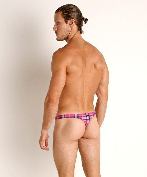 XL -LASC Brazilian Swim-Thong Unlined Plaid Hot Pink Swimwear MX1